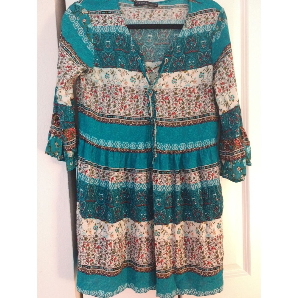 Zanzea Teal Tunic Dress Floral Hippy Boho Floral Thin For All Seasons
